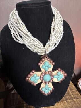 SOOKIE SOOKIE Chunky clay beaded Necklace 15 strand Boho Cross STATEMENT